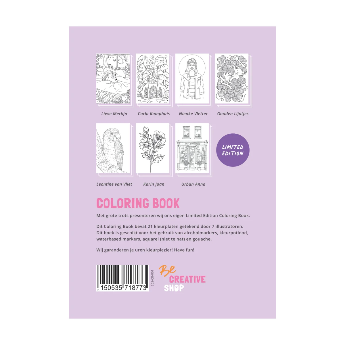 Be Creative Shop Coloring Book – achterkant met illustratoren