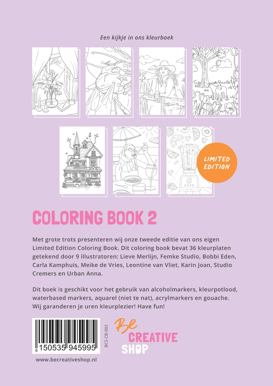 Be Creative Shop Coloring Book 2 – achterkant met kleurplaten en illustratoren