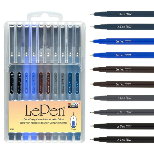 Marvy Uchida Le Pen Basic Dark 10-teiliges Set 0,3 mm in stabilem Aufbewahrungskoffer