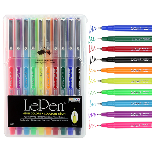 Marvy Uchida Le Pen Neon 10-teiliges Set 0,3 mm in stabilem Aufbewahrungskoffer
