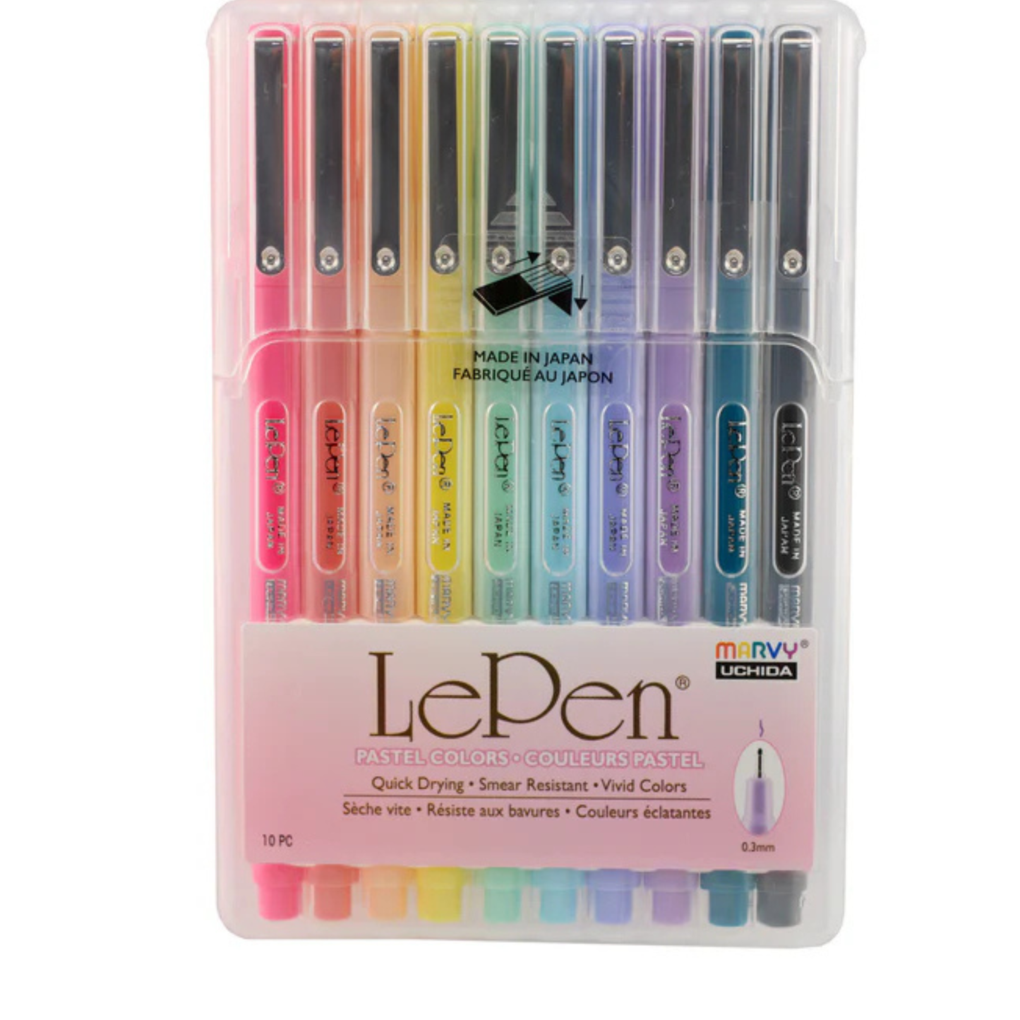 Marvy Uchida Le Pen Pastellfarben 10-teiliges Set 0,3 mm in stabilem Aufbewahrungskoffer