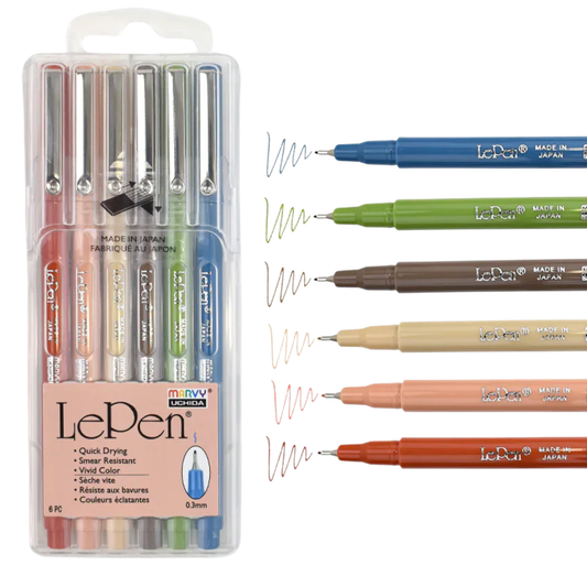 Marvy Uchida Le Pen Earth Tone 6-delige set 0,3 mm in stevige opbergcase