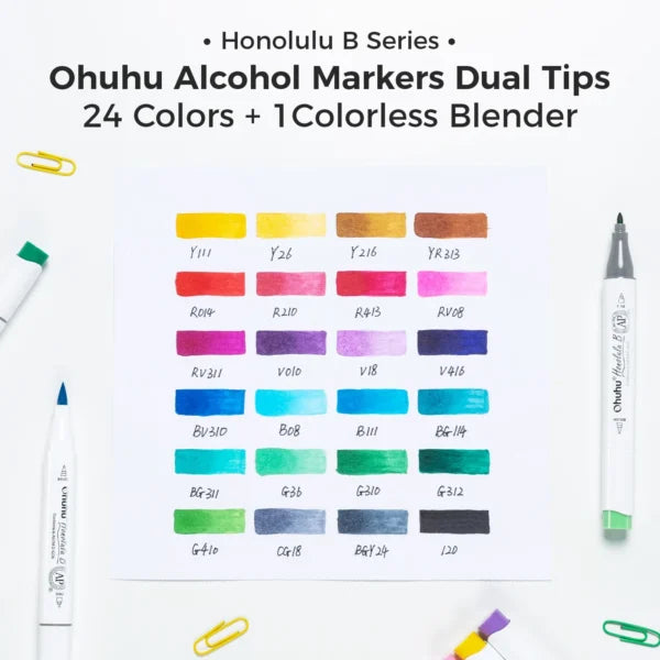 Rotuladores artísticos de alcohol Ohuhu Honolulu B, 24 colores, punta de pincel y fina