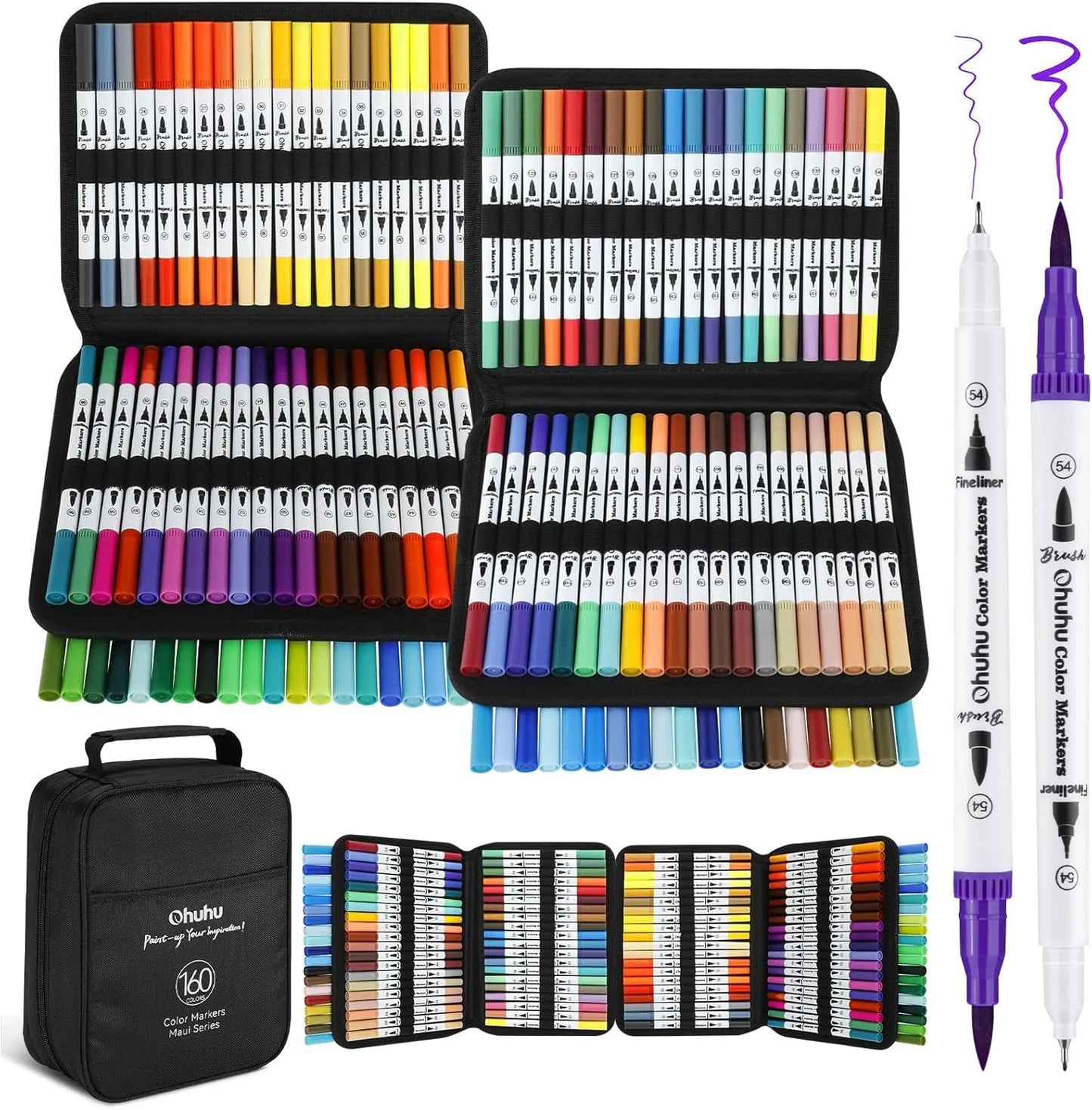Ohuhu Dual Tip Brush markers – waterbasis – set van 160 in zwarte etui