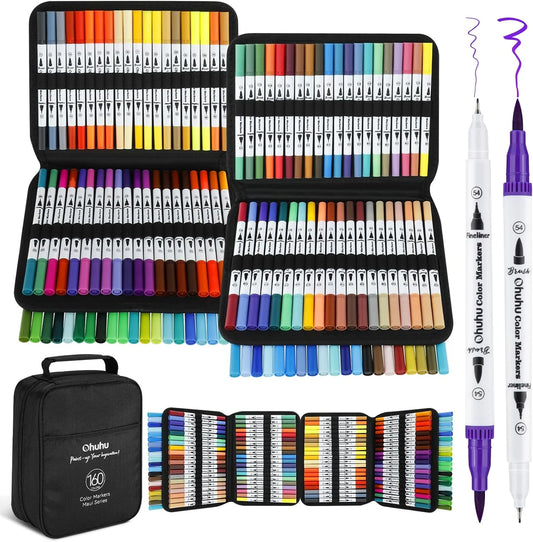 Ohuhu Dual Tip Brush markers – waterbasis – set van 160 in zwarte etui