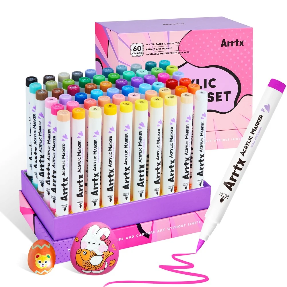 Arrtx Acrylic Markers - 60 Saturated Colors kleurswatches overzicht met doos