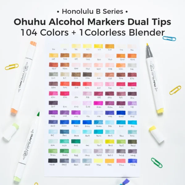 Ohuhu Honolulu B 104 kleuren + 1 kleurloze blender - kleurswatches
