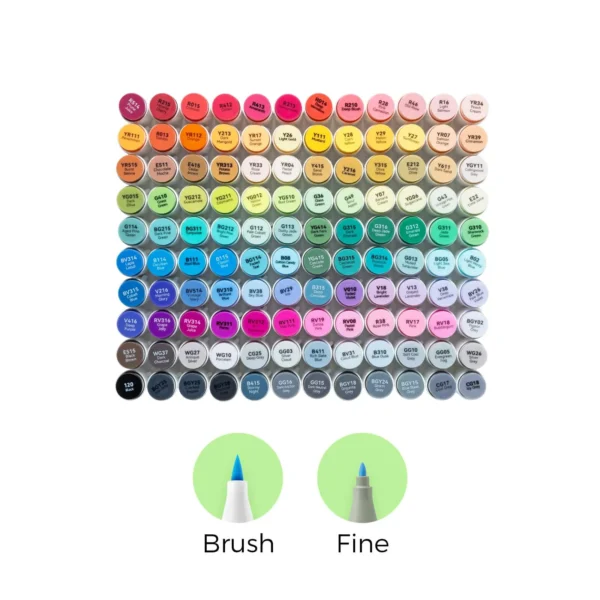 Ohuhu Honolulu B 120 kleuren - caps overzicht met Brush & Fine punt